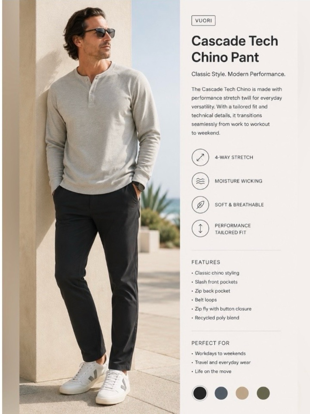 Vuori Black Cascade Tech Chino Pants Men’s 34 Long Casual Work Performance Wear